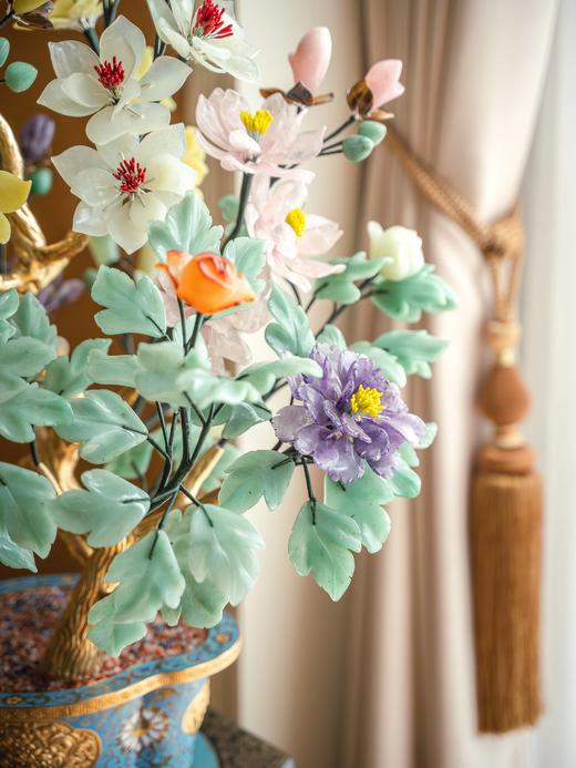 独角鹿西洋古董中国出品传统宝相花纹景泰蓝盆装饰「玉堂富贵」主题珍宝像生盆景一对 商品图3