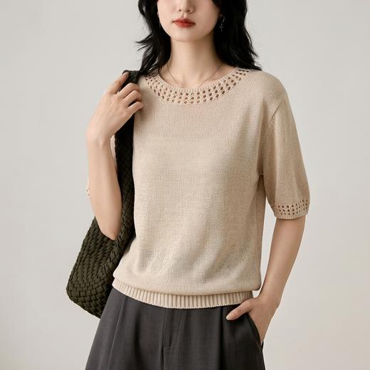 浅茶雅韵～莱赛尔圆领镂空针织衫女轻奢高级感法式宽松中袖上衣 商品图0