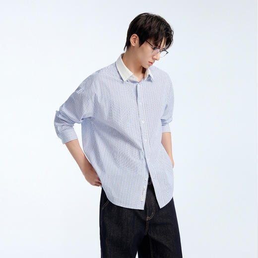 NPC潮牌100%棉美式复古蓝白假两件条纹长袖衬衫男女春季NP61SH19 商品图2