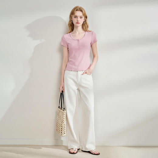 西遇简约韩系女夏季2026夏季新款修身纯欲辣妹U领短款打底上衣T恤H0060225 商品图1