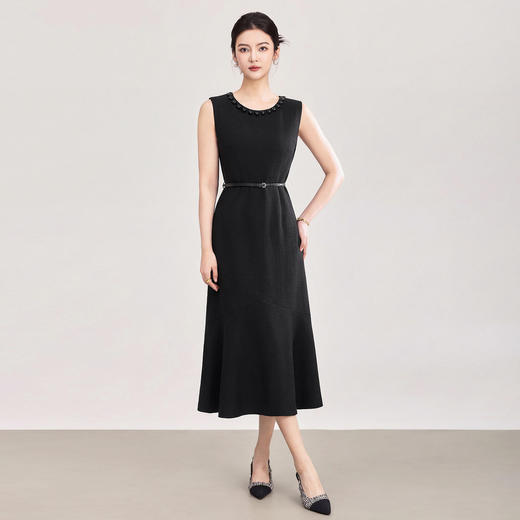 「高货wl」全新升级【铂金会员395/天猫529/差价134】(05648)洛诗琳法式通勤收腰连衣裙2026新款重工钉珠无袖鱼尾裙女 商品图1