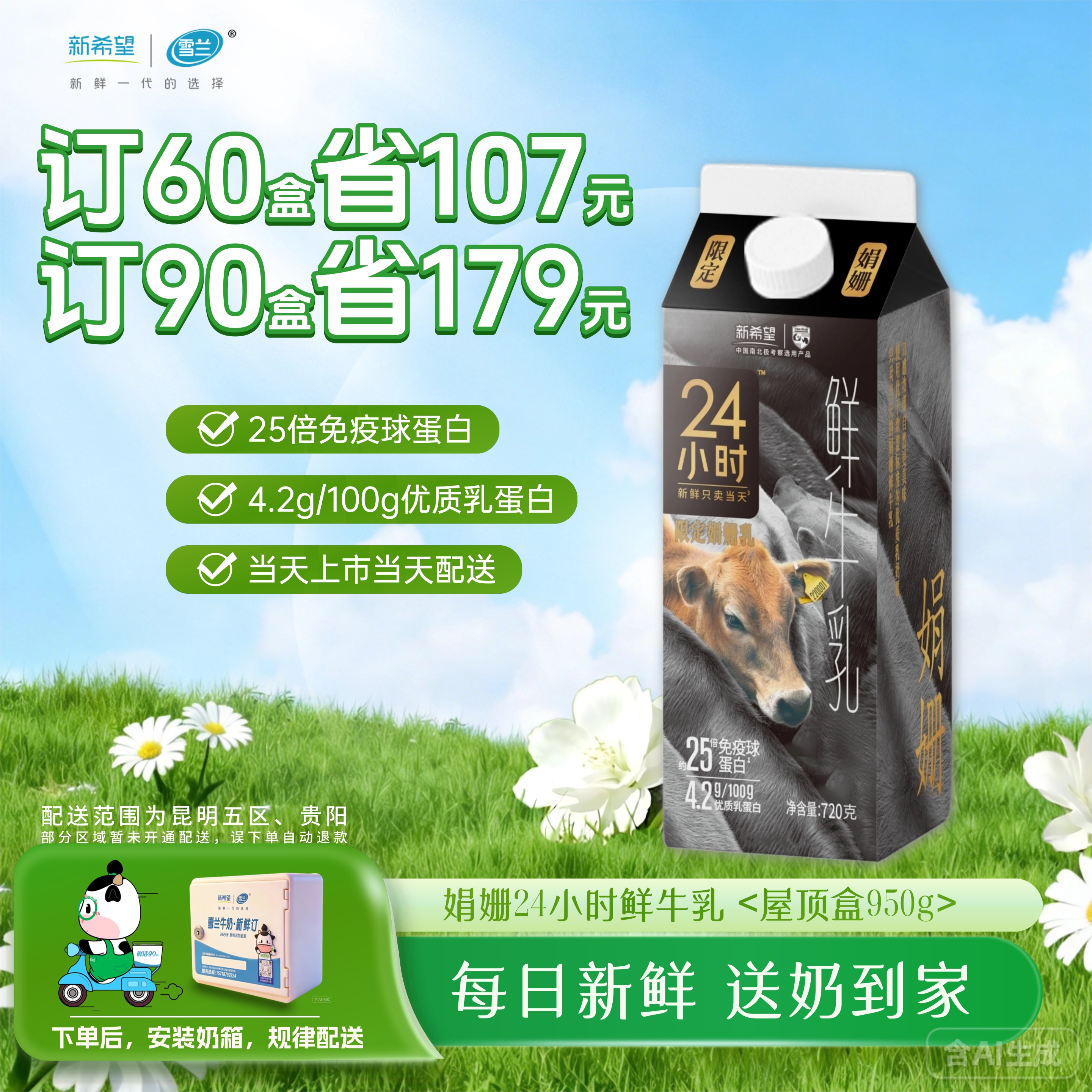 娟姗24小时鲜牛乳 屋顶盒720g 订奶每日配送上门