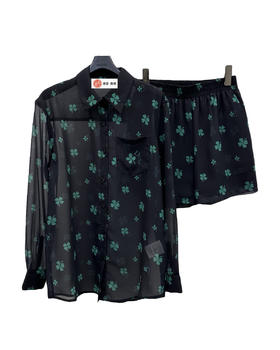 女款四叶草薄纱长袖衬衫短裤套装he010