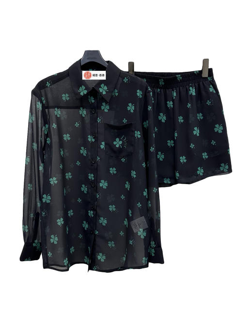 女款四叶草薄纱长袖衬衫短裤套装he010 商品图0