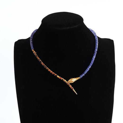 【天然正品】AU750玫瑰金设计款镶钻镶天然切割算盘珠型坦桑石蛇形项链42CM 250326NJM36 商品图6