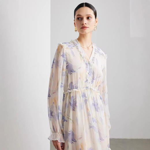 「自」全新升级【铂金会员735/天猫989/差价254】(03129)洛诗琳法式真丝印花连衣裙女2026春夏新款木耳边收腰裙子 商品图4