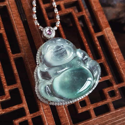 【天然正品】A货翡翠AU750收藏级白金镶钻镶天然细腻白色飘蓝花高冰种佛公翡翠吊坠项链 54CM（长度可调节）230326NJS36 商品图7