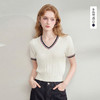 西遇2026夏季新款V领针织T恤女学院风撞色修身短款麻花短袖上衣E0060276 商品缩略图0