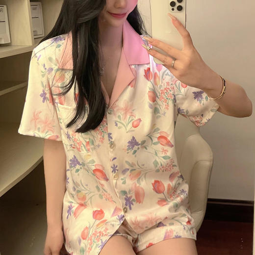 冰丝睡衣女绝美印花卉高颜值短袖短裤两件套夏季薄款家居服女批发 商品图1