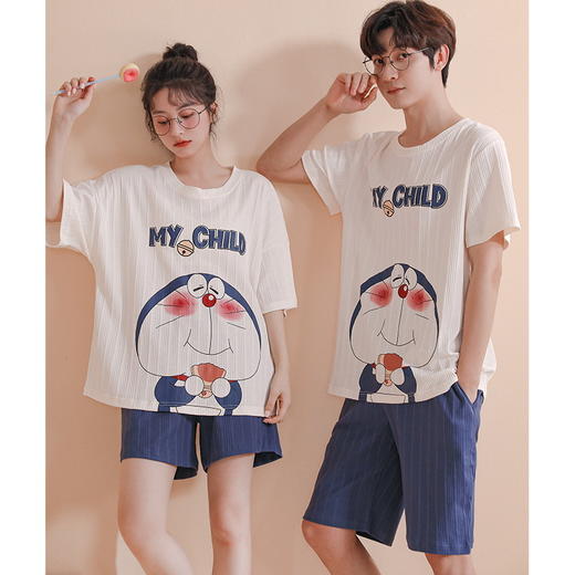 华夫格情侣睡衣夏季短袖棉质薄款大码宽松男女士套装卡通家居服夏 商品图2