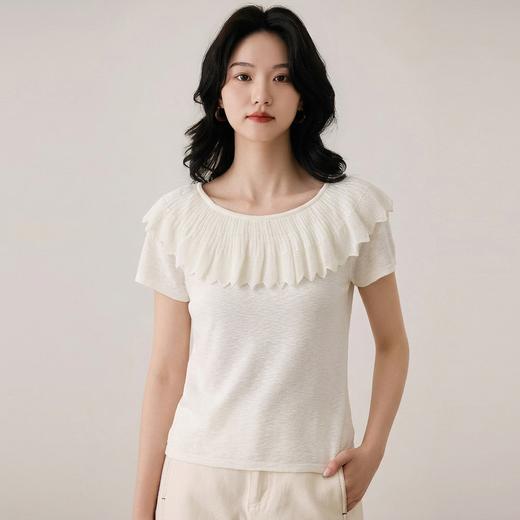 暮色剪影~法式荷叶边天丝亚麻一字肩针织短袖女短款显瘦百搭针织背心 商品图3