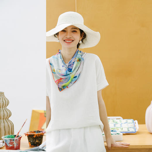 特绽放179朵/小白*zijun联名系列砂洗汉麻三角针梭织短袖T恤女夏 商品图0