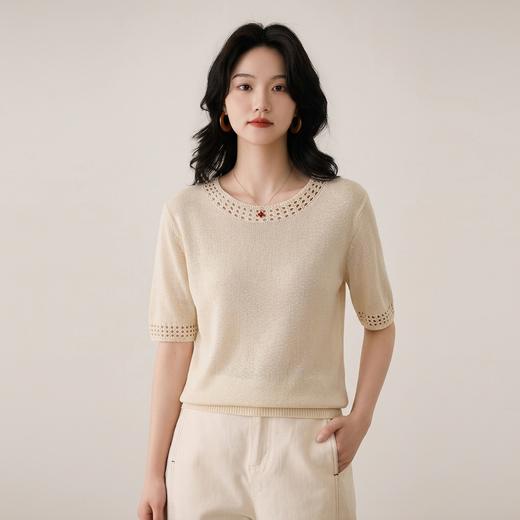 浅茶雅韵～莱赛尔圆领镂空针织衫女轻奢高级感法式宽松中袖上衣 商品图2
