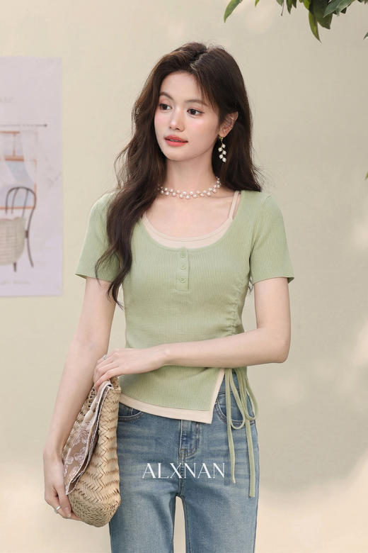 鹿向南「绿野信笺」假两件绿色长袖t恤女夏季巨好看修身打底上衣 商品图5