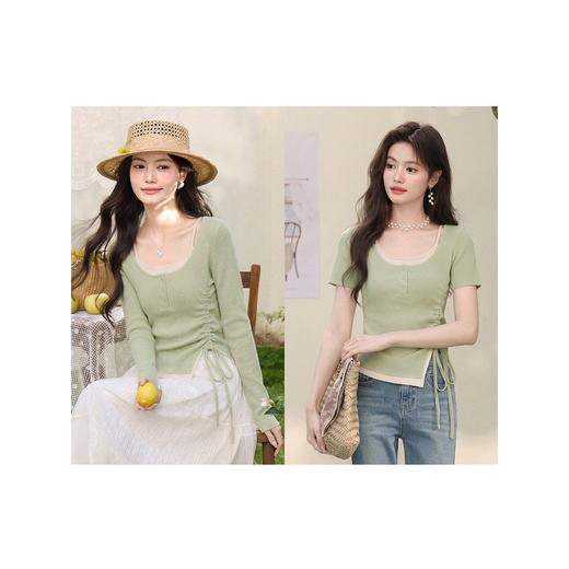 鹿向南「绿野信笺」假两件绿色长袖t恤女夏季巨好看修身打底上衣 商品图3