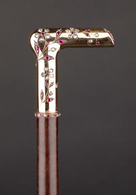 独角鹿西洋古董1890年代法国出品18K黄金手柄镶嵌钻石红宝石蛇木手杖(杖柄可拆卸)