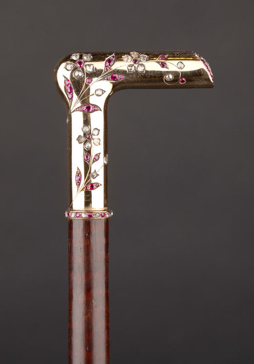 独角鹿西洋古董1890年代法国出品18K黄金手柄镶嵌钻石红宝石蛇木手杖(杖柄可拆卸) 商品图0