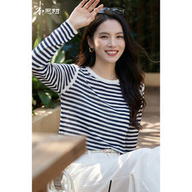 米思阳2026春季新款100%莱赛尔天丝撞色条纹长袖T恤女套头打底衫1174