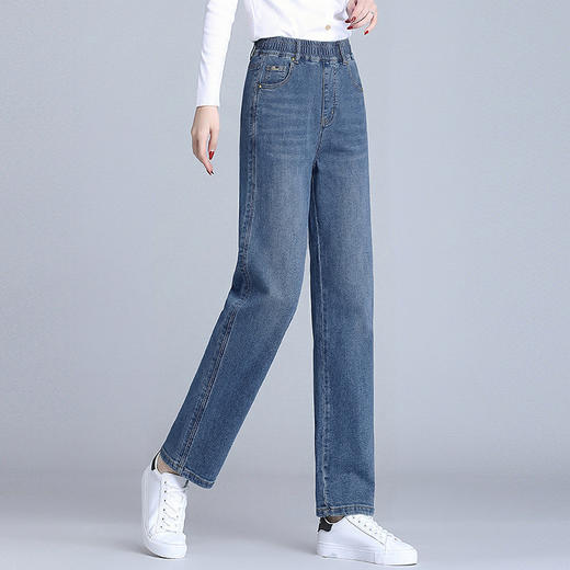 2026新款春季窄版阔腿牛仔裤女士大码胖mm弹力松紧腰宽松直筒裤子 商品图1