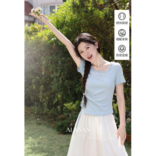 鹿向南「浅夏星眠」黑色气质方领短袖T恤女夏显瘦正肩设计感上衣 商品图4