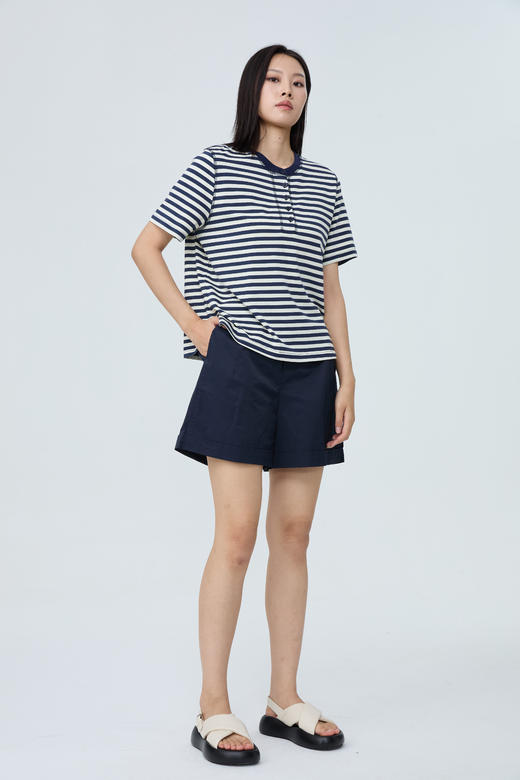 水淼2026夏爆款休闲百搭显瘦条纹半门襟T恤2350 商品图0