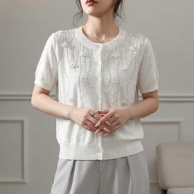 汀兰雪絮～高级感重工烫钻莱赛尔 亚麻立体花朵开衫 百搭宽松针织衫