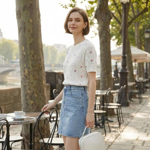 「自」全新升级【铂金会员174/天猫229/差价55】(11416)洛诗琳玫瑰绣花针织短袖2026新款圆领显瘦绞花针织上衣 商品图2