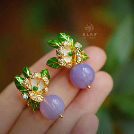 龢盒原创 薰衣草紫珠配翡翠银镶耳钉 商品图3