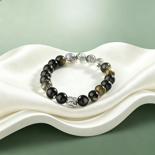 【宏艺珠宝】玄墨守安·足银黑曜石手串 商品图3