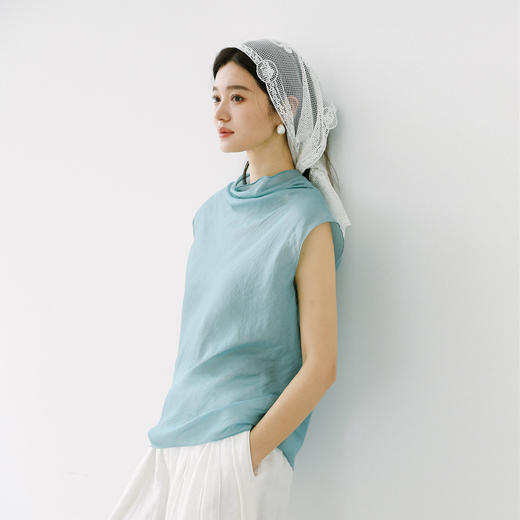 绽放180朵/小青*zijun联名系列丝棉绡缎堆领宽肩背心绞花无袖T恤 商品图0