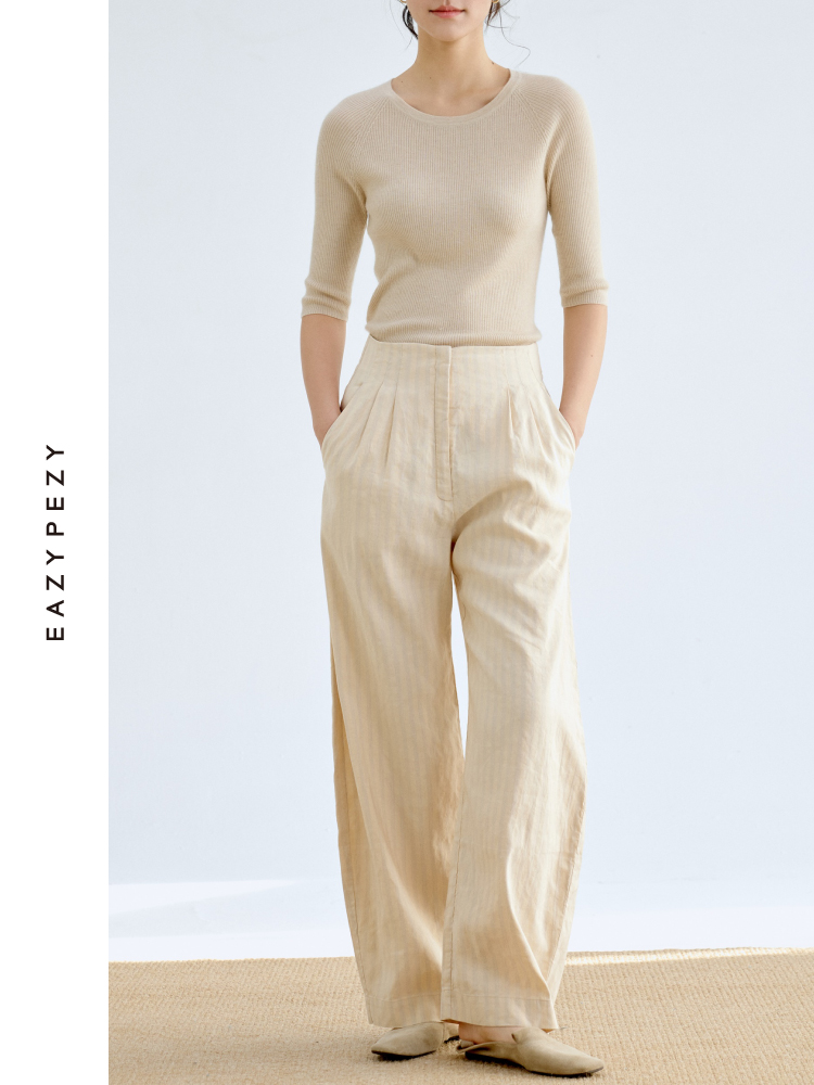 丝麻高腰条纹香蕉裤