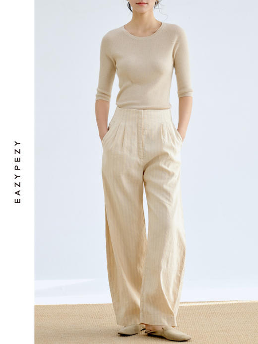 丝麻高腰条纹香蕉裤 商品图0