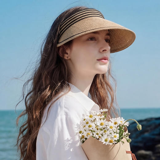 三彩2026新款空顶大帽檐遮阳帽沙滩海边出游夏编织条纹帽子鸭舌女 商品图2