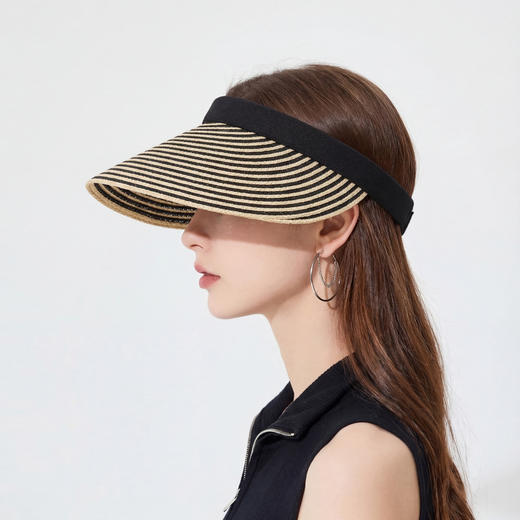 三彩2026新款空顶大帽檐遮阳帽黑白条纹海边出游夏编织帽子鸭舌女 商品图2