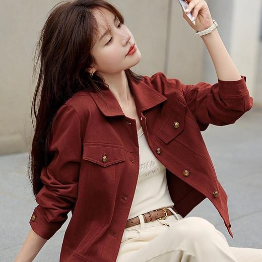 下单3-7天发货！LONGNVFAIR 天丝醋酸圆领短外套 ORIGNAL&CO 甜酷系复古波尔多红牛仔外套 商品图10