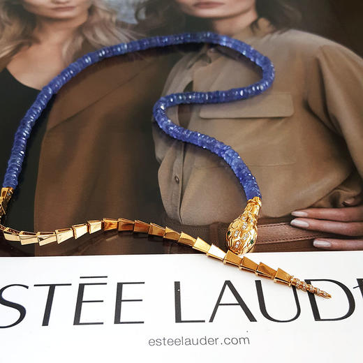 【天然正品】AU750玫瑰金设计款镶钻镶天然切割算盘珠型坦桑石蛇形项链42CM 250326NJM36 商品图3