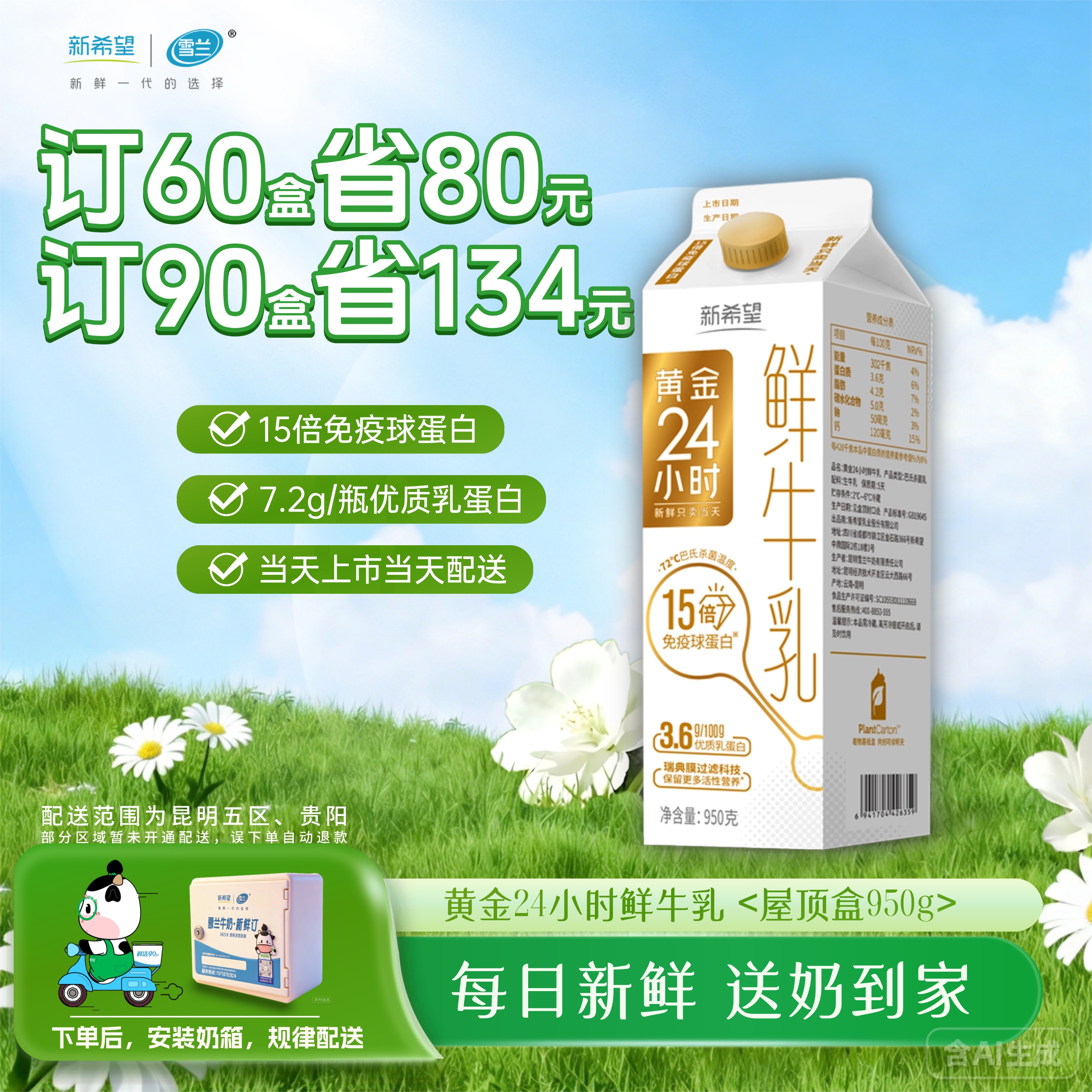 黄金24小时鲜牛乳| 屋顶盒950g 订奶每日配送上门
