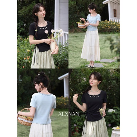 鹿向南「浅夏星眠」黑色气质方领短袖T恤女夏显瘦正肩设计感上衣 商品图3