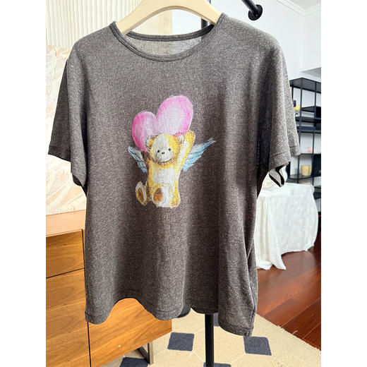 柔软治愈 莱赛尔亚麻混纺短袖T恤美式复古小熊爱心印花T 商品图4