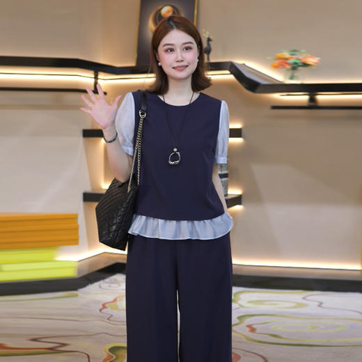 奢姿大码女装2026夏季减龄荷叶边拼接两件套胖妹妹半松紧时尚套装9962954659 商品图2