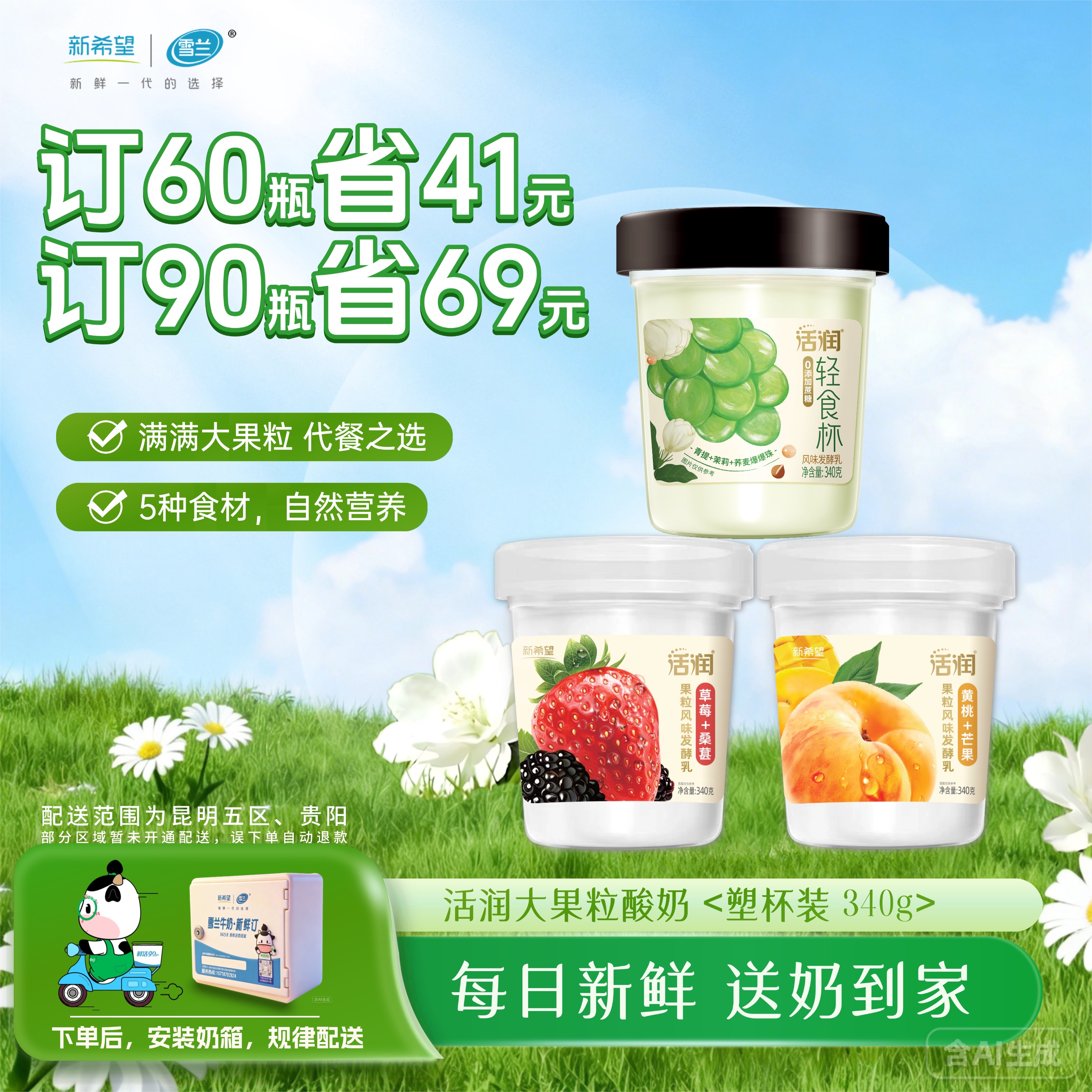 【轻食代餐】活润大果粒酸奶｜青提茉莉-黄桃芒果-草莓桑葚  340g /30杯（3种口味选择）
