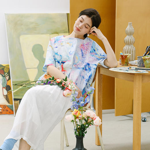 绽放181朵/「余味-1」小衫*zijun联名系列水洗皱棉亚麻印花衬衣女 商品图1