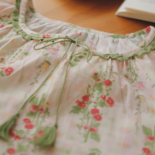 全棉双层纱~浪漫系带纯棉睡裙女春夏季七分袖睡衣女士全棉纱布家居服大码可外穿 商品图1