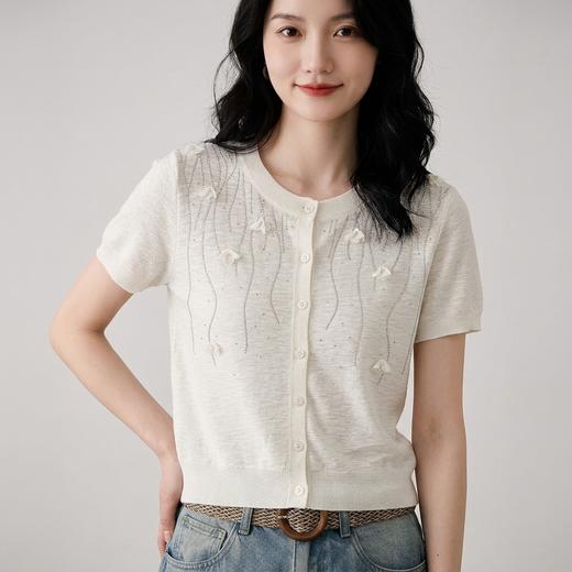 汀兰雪絮～高级感重工烫钻莱赛尔 亚麻立体花朵开衫 百搭宽松针织衫 商品图2