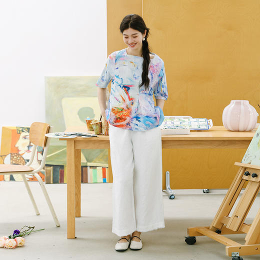 特绽放178朵/东方既白*zijun联名系列砂洗汉麻印花腰贴毛边九分裤 商品图2