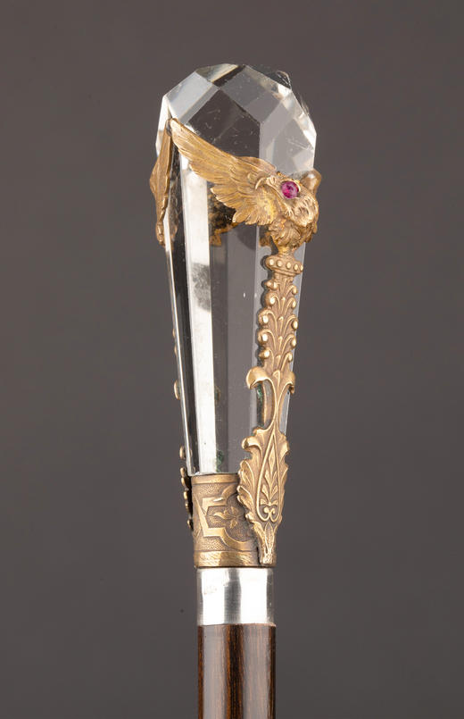 独角鹿西洋古董1890年代法国出品镀银精雕镶嵌红宝石双鹰纹主题水晶手柄硬木手杖 商品图2