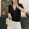 浮雕蕾丝~韩系V领蕾丝拼接短袖针织衫女百搭时尚显瘦花边背心 商品缩略图0
