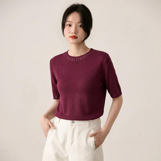 浅茶雅韵～莱赛尔圆领镂空针织衫女轻奢高级感法式宽松中袖上衣 商品图1