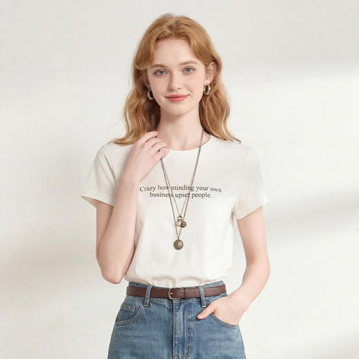 西遇美式薄款微透2026夏正肩新款字母印花修身百搭短袖辣妹白T恤H0060233 商品图3