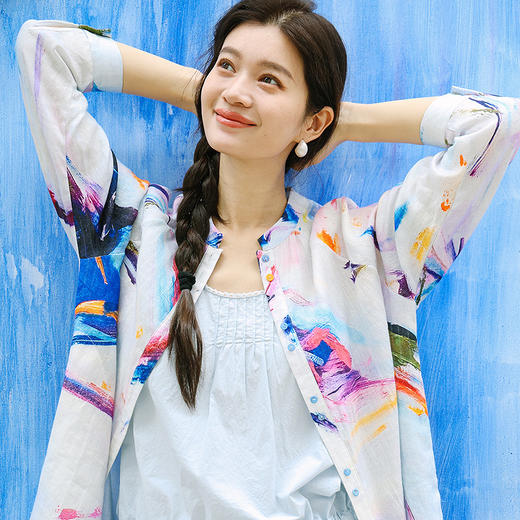 绽放175朵/「绽放-1」中长花衬衫*zijun联名系列亚麻印花长袖衬衣 商品图0